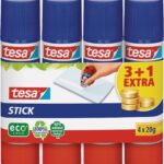 tesa Stick ecoLogo - Geruchsneutraler Klebestift für Papier und Pappe - Lösungsmittelfrei und Umweltschonend - 4 x 20 g