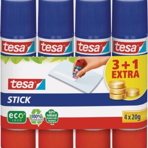 tesa Stick ecoLogo - Geruchsneutraler Klebestift für Papier und Pappe - Lösungsmittelfrei und Umweltschonend - 4 x 20 g