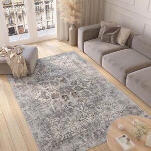 TAPISO Valley Teppich Kurzflor Vintage Blumen Hellgrau Rosette Ornamental Meliert Verwischt Used Effekt Wohnzimmer Schlafzimmer ÖKO-TEX 200 x 300 cm