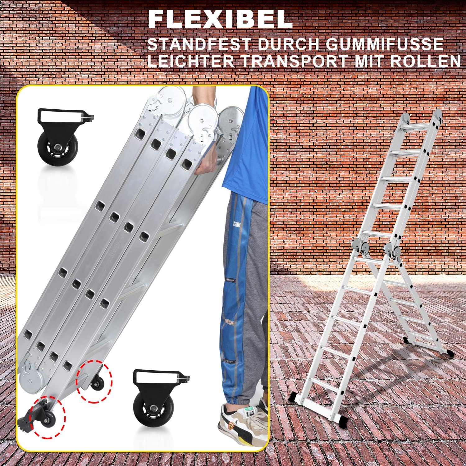 Mehrzweckleiter 4x5, 7in1 Multifunktionsleiter 582CM Alu Vielzweckleiter Klappleiter mit 2 Plattform und Räder, Haushaltsleiter Max Belastung 150kg, Multifunktionsleiter 20 Sprossen – Bild 5