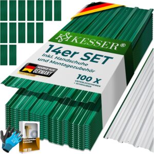 KESSER® 14 Stück Trapezblech Profilblech Set 110x46cm, 7 m² Dachblech verzinkter Stahl 0,25mm, Dachplatten für Gerätehaus, Schuppen & Dach + Schrauben, Unterlegscheiben & Montagehandschuhe, Grün