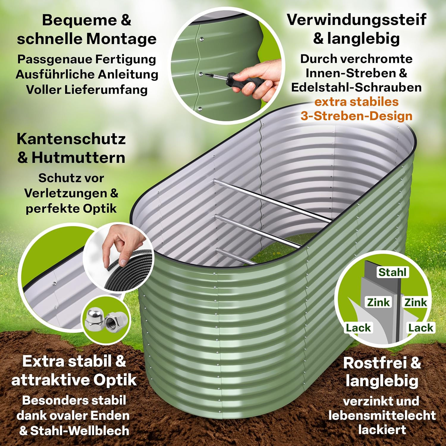 TTL GARDEN 160x80x80cm Nature M Metall Hochbeet Salbei-Grün - Stahl rostfrei verzinkt & lackiert Wellblech oval 80cm hoch sehr stabil Garten Beet für Gemüse Kräuter Blumen Gartenbeet Gemüsebeet – Bild 3