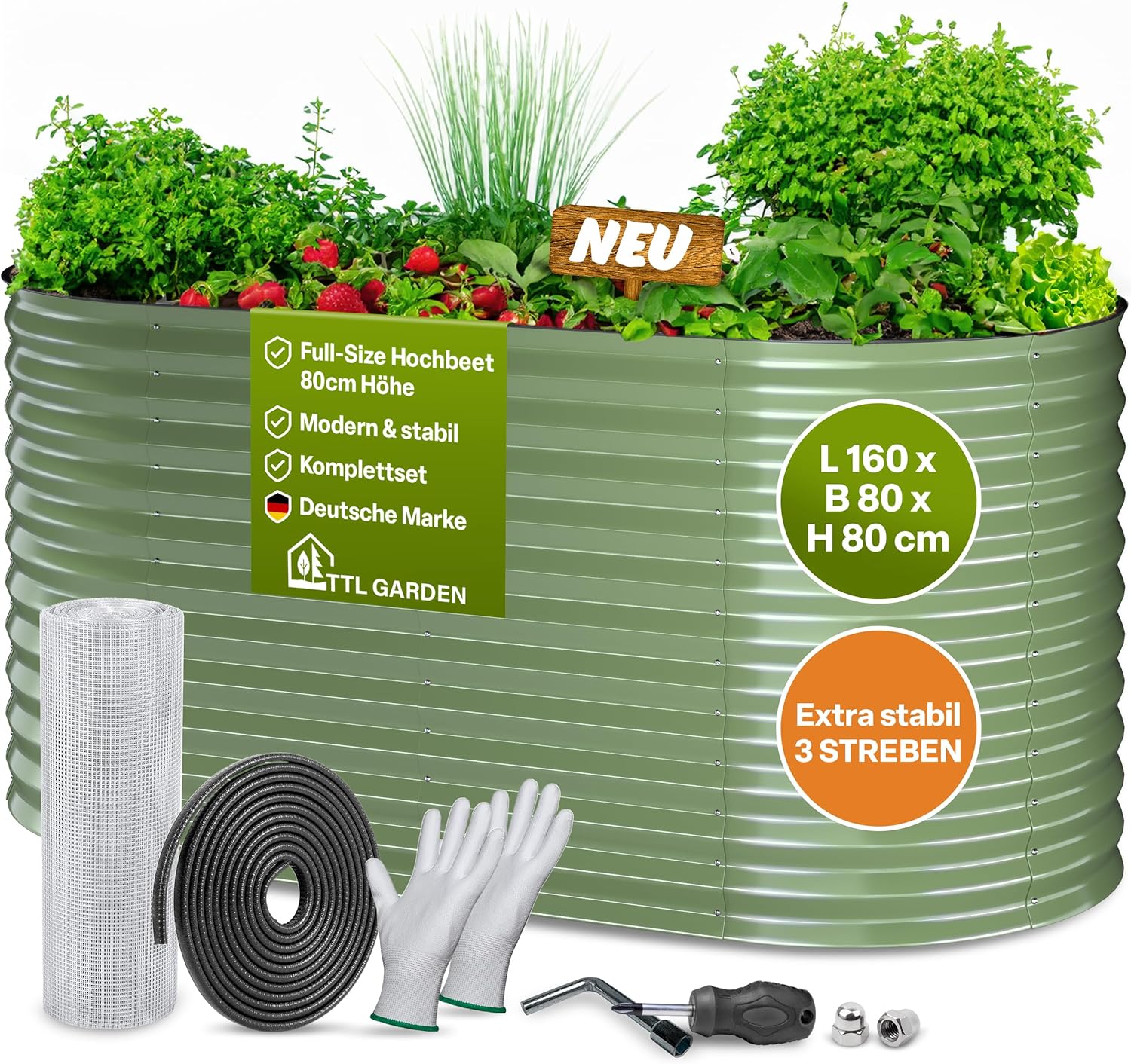 TTL GARDEN 160x80x80cm Nature M Metall Hochbeet Salbei-Grün - Stahl rostfrei verzinkt & lackiert Wellblech oval 80cm hoch sehr stabil Garten Beet für Gemüse Kräuter Blumen Gartenbeet Gemüsebeet