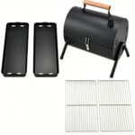 Tragbarer Grill, zylindrisch, mit Holzgriff, kompakt, schwarz, mit 2 Kochplatten und 2 Grillrosten
