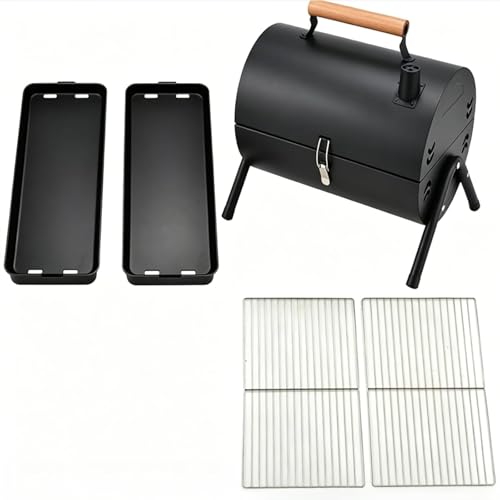 Tragbarer Grill, zylindrisch, mit Holzgriff, kompakt, schwarz, mit 2 Kochplatten und 2 Grillrosten 1 Tragbarer Grill, zylindrisch, mit Holzgriff, kompakt, schwarz, mit 2 Kochplatten und 2 Grillrosten