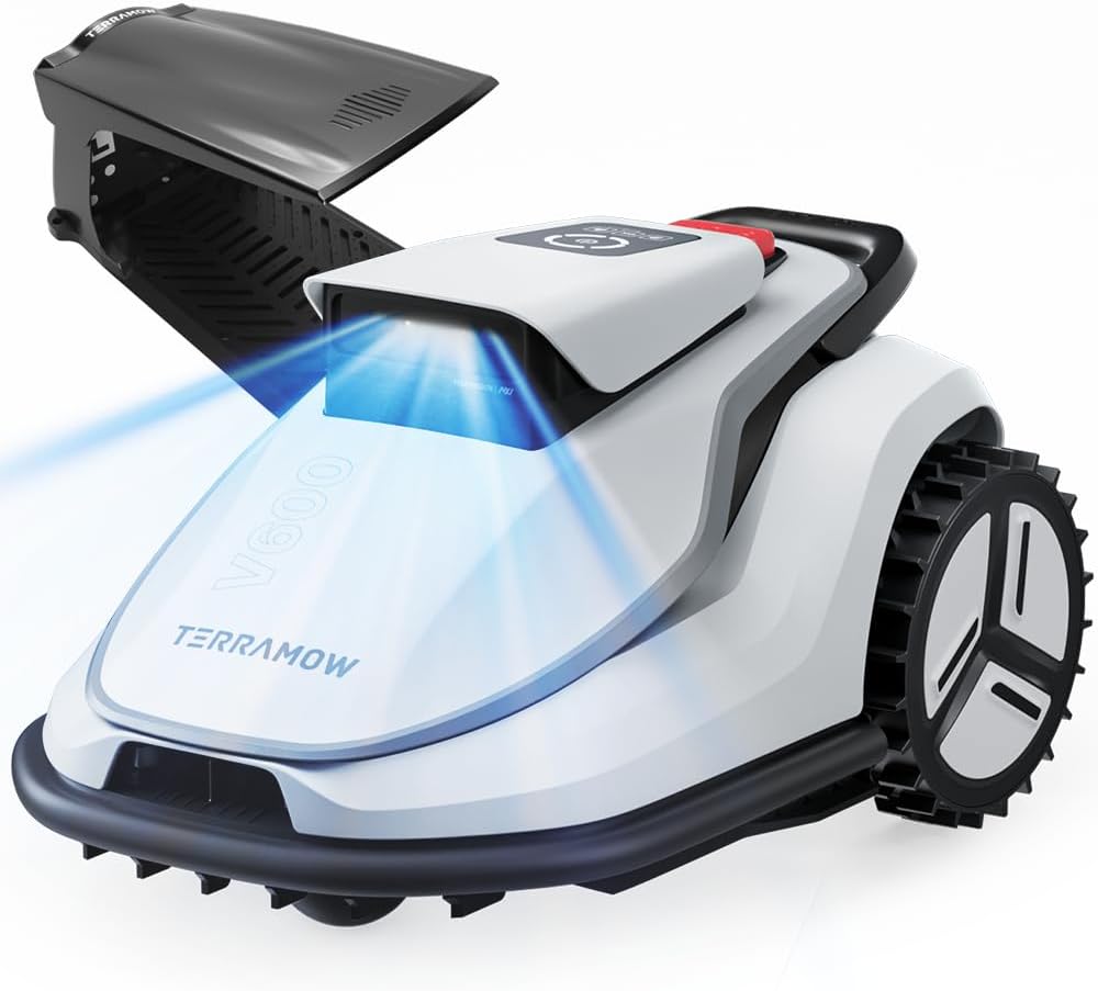 TerraMow V600 Mähroboter ohne Begrenzungskabel mit Garage, Tri-AI Vision-Technologie ohne Kabel-/RTK-Signalprobleme, DropMow automatische Kartierung max. 600 ㎡, KI Vision-Navigation 3.8Ah-Akku