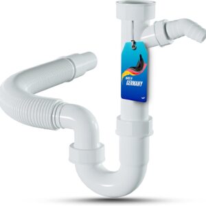 LOBENSWERK Siphon für Küchenspüle mit flexiblem Ablaufschlauch - 100% Wasserdicht - Röhrensiphon mit einem Geräteanschluss + Anschlussdichtungen