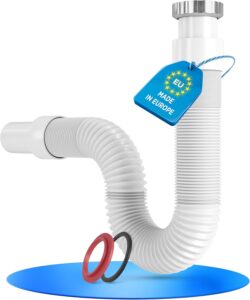 LOBENSWERK Siphon Waschbecken mit hochwertiger Aluminium Mutter - G 1 1/4” x 32mm ausziehbar 320-890mm - Flexibler Ablaufschlauch für das Badezimmer - 100% Wasserdicht