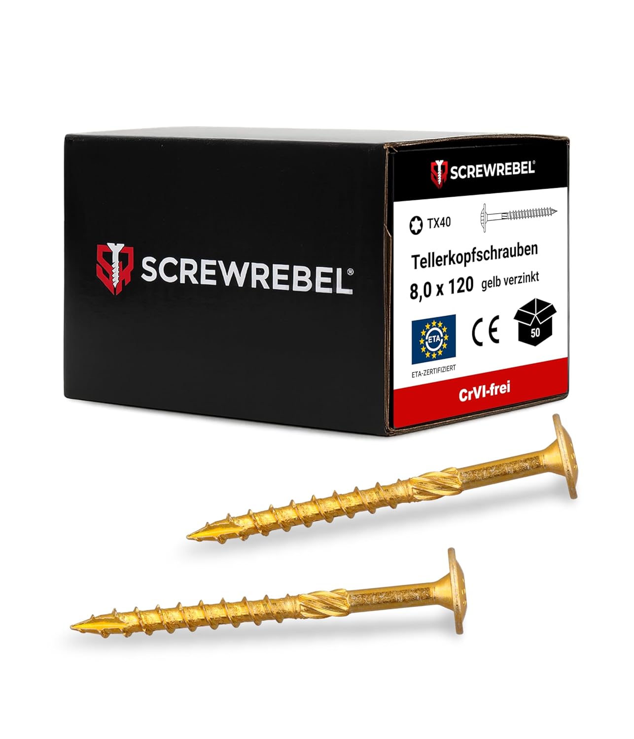 SCREW REBEL® Tellerkopfschrauben 8x120mm – [50 Stück], – Kraftsparend dank Reibteil & Cut-Spitze – selbstschneidend, TX40 Antrieb – Holzbauschrauben mit ETA-Zulassung – CrVI-frei & korrosionsbeständig
