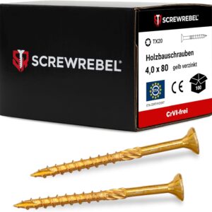 Holzbauschraube 4x80 mm - 100 Stück, gelb verzinkt, TX 20, Cut-Spitze, Reibteil, ETA | SCREW REBEL