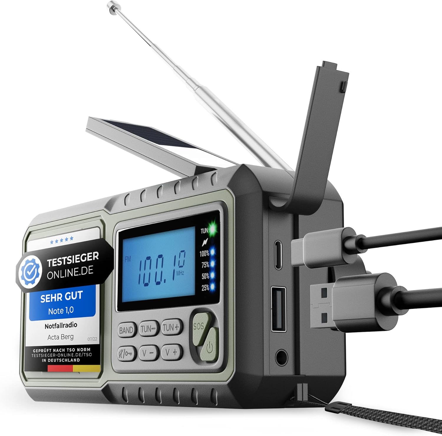 Acta Berg Kurbelradio | Notfallradio mit Kurbel & 5000 mAh Akku | Solar Radio mit Weltempfänger | Handkurbel Blackout Notfallausrüstung | Als Taschenlampe & Ladegerät, AM/FM/SW, mit USB, Grün
