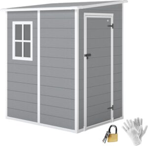 Outsunny Gerätehaus 1,54m³, Gartenhaus mit Pultdach, Boden 122 x 149 x 192/177 cm, wetterfest Geräteschuppen mit Abschließbar Tür, Fenster, Gartenschrank aus Kunststoff, für Hinterhof, Garten, Grau