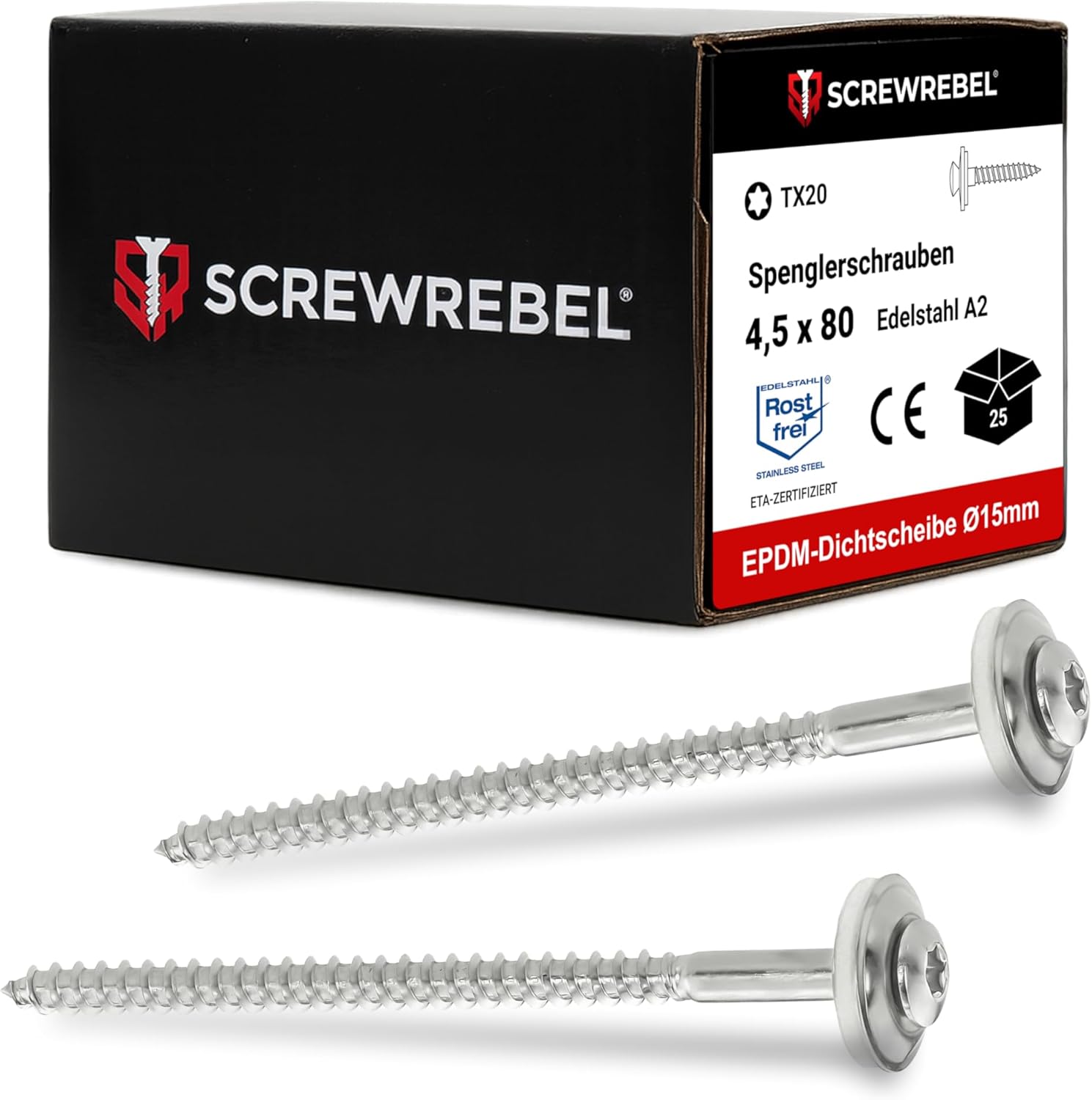 25 Stück SCREW REBEL Spenglerschrauben 4,5 x 80 mm - Edelstahl A2, Inox mit EPDM-Dichtscheibe Ø15mm TX 20