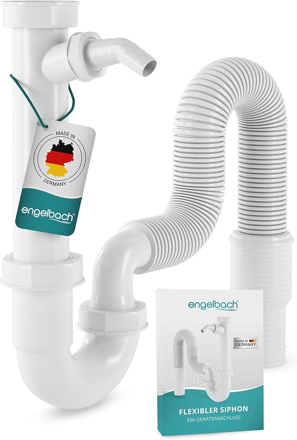 Engelbach® Siphon für Küchenspüle mit Flexiblem Ablaufschlauch - Flexibler Siphon mit Geräteanschluss - Röhrensiphon inkl. Montage-Video - Made in Germany