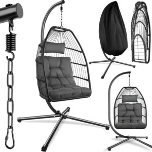 tectake® Hängesessel mit Gestell, Dicke Kissen, Möbel, Deko für Wohnzimmer, Jugendzimmer, Balkon, Outdoor oder Indoor Schaukel Sessel, Kinder & Erwachsene, belastbar bis 160kg - dunkelgrau