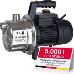 T.I.P. Gartenpumpe Edelstahl (5.000l/h Fördermenge, 45m Förderhöhe, 4,5bar Druck, 1.200W, selbstansaugend, Jet-Hydrauliksystem, thermischer Überlastschutz, ergonomischer Handgriff) GP 5000 INOX, 31372