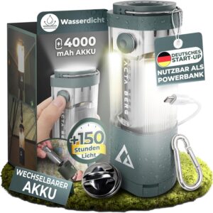 Acta Berg® Campinglampe LED 450 Lumen – aufladbar mit Akku & Powerbank (4000 mAh), bis 150h Laufzeit, IP44 wasserfest, Zeltlampe, Laterne & Taschenlampe, USB-C, Outdoor Lampe für Camping & Notfall