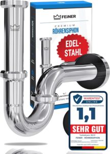 FEINER® Premium Universal Siphon für Waschbecken EDELSTAHL vormontiert – nur noch zusammenschrauben, Waschbecken Ablaufgarnitur 1 1/4“ Chrom, verstellbar 2–12 cm, Gratis-Dichtungen + Montage-Video