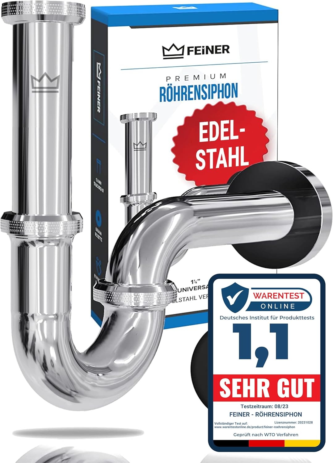 FEINER® Premium Universal Siphon für Waschbecken EDELSTAHL vormontiert – nur noch zusammenschrauben, Waschbecken Ablaufgarnitur 1 1/4“ Chrom, verstellbar 2–12 cm, Gratis-Dichtungen + Montage-Video