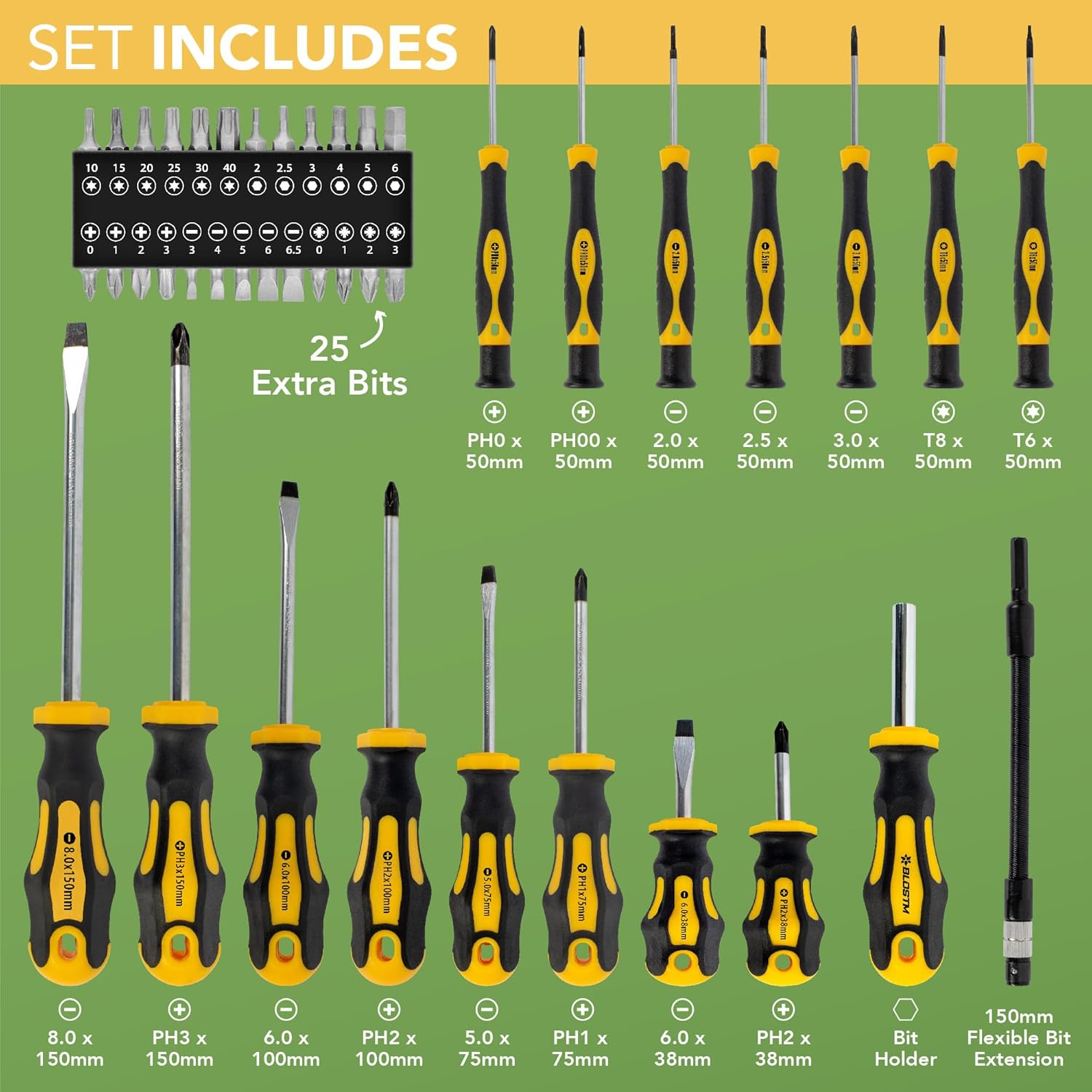 BLOSTM Premium Schraubendreher Set 42pcs - Schraubenzieher mit Magnetischen Spitzen, Komfortablem Griff, Kreuzschlitz-Schraubendreherköpfen, Flachen Köpfen, Aufbewahrungskoffer - Screwdriver – Bild 2