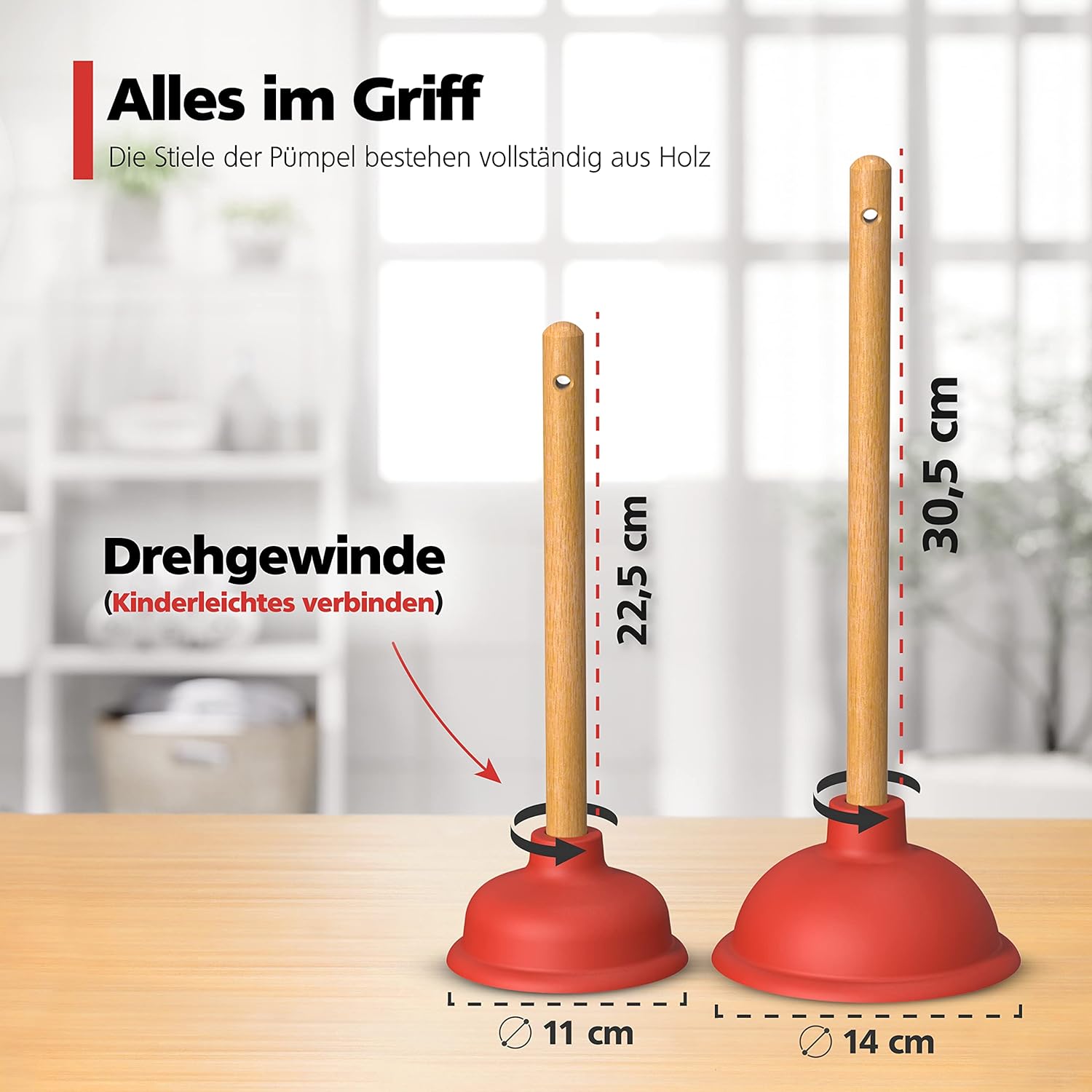 Nirox 2er Set Saugglocke - Pümpel mit 110 & 140 mm Durchmesser - Pömpel mit starker Saugleistung - Abflussstampfer inkl. Holzgriffe - Chemiefreier Ausgussreiniger – Bild 4