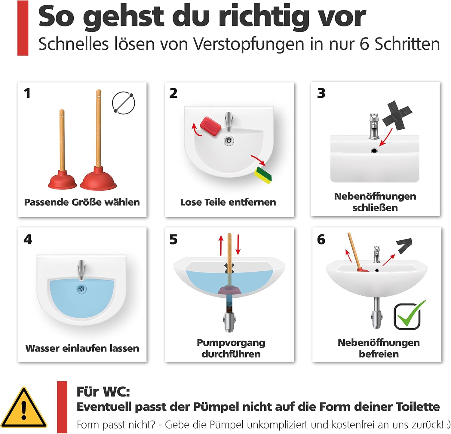 Nirox 2er Set Saugglocke - Pümpel mit 110 & 140 mm Durchmesser - Pömpel mit starker Saugleistung - Abflussstampfer inkl. Holzgriffe - Chemiefreier Ausgussreiniger – Bild 5