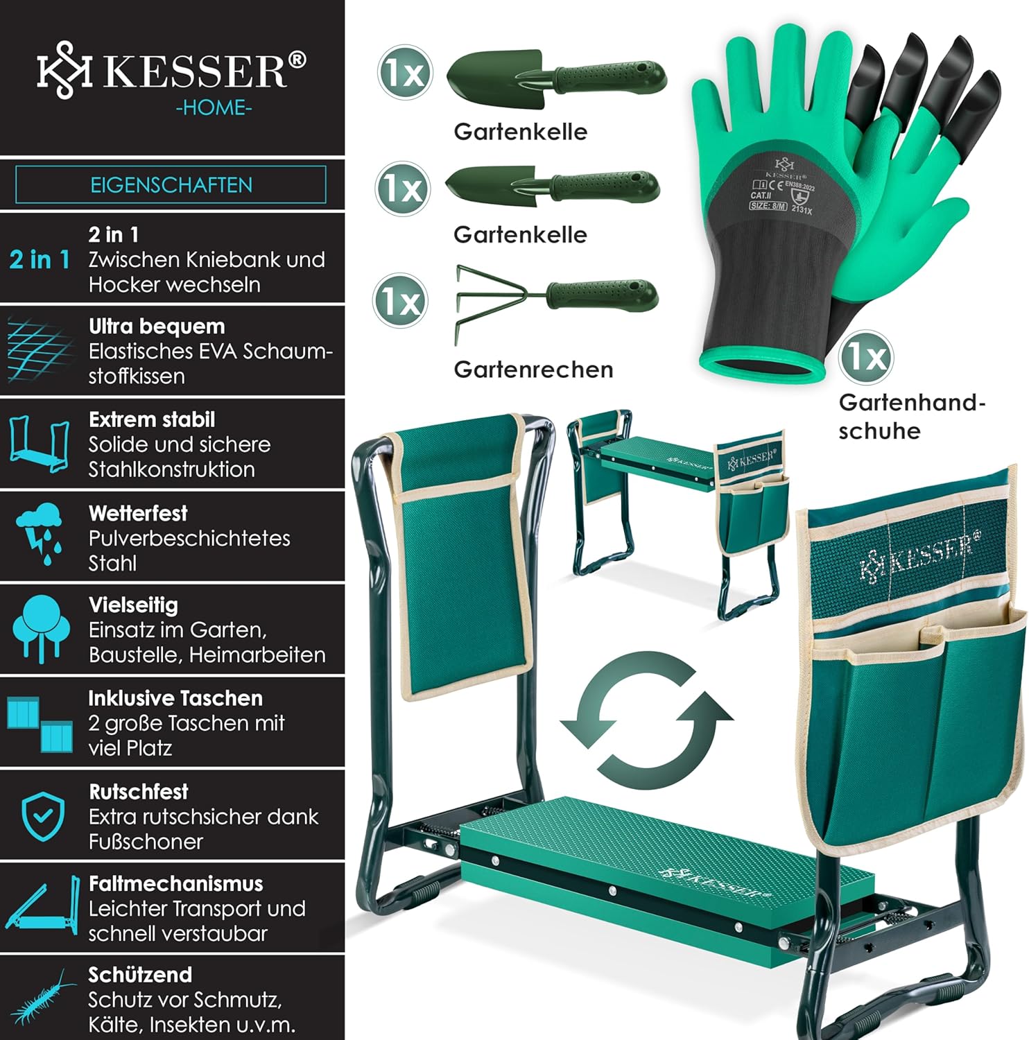 KESSER® 2 in 1 XXL Kniebank für Gartenarbeit Gepolstert Sitzunterlage Eva-Schaumkissen Gartenhocker Klappbar | 2X Werkzeugtasche Handschuhe Gartenkelle & Rechen | Gartenbank 60x50x27cm bis 150 kg – Bild 3