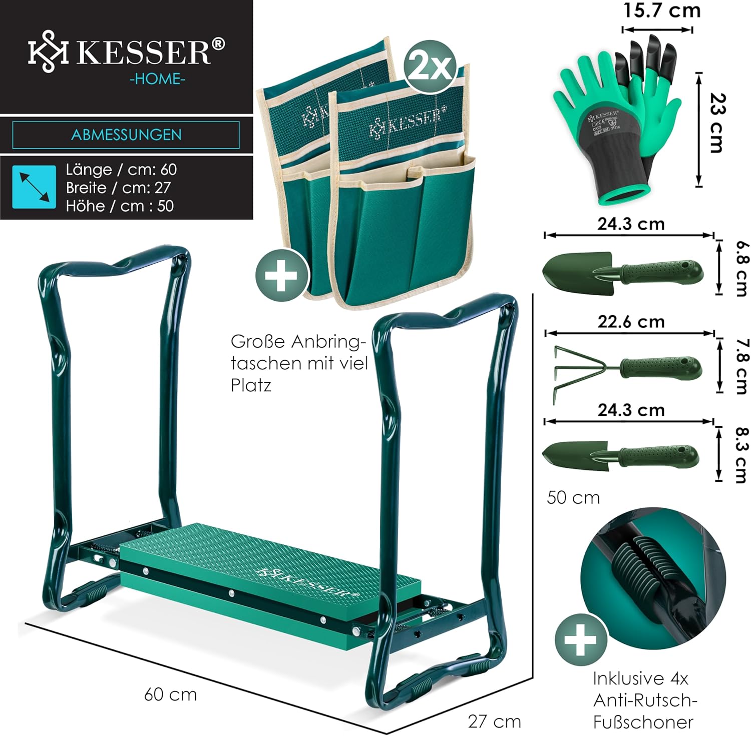 KESSER® 2 in 1 XXL Kniebank für Gartenarbeit Gepolstert Sitzunterlage Eva-Schaumkissen Gartenhocker Klappbar | 2X Werkzeugtasche Handschuhe Gartenkelle & Rechen | Gartenbank 60x50x27cm bis 150 kg – Bild 2