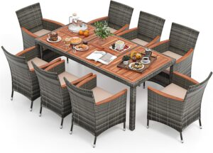 COSTWAY 9 TLG. Rattan Gartenmöbel Set, Sitzgruppe für 8 Personen, Gartentisch mit Tischplatte aus Akazienholz, 8 Stühle & Kissen, Terrassenmöbel Set, Gartengarnitur, Sitzgarnitur, Essgruppe