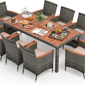 COSTWAY 9 TLG. Rattan Gartenmöbel Set, Sitzgruppe für 8 Personen, Gartentisch mit Tischplatte aus Akazienholz, 8 Stühle & Kissen, Terrassenmöbel Set, Gartengarnitur, Sitzgarnitur, Essgruppe