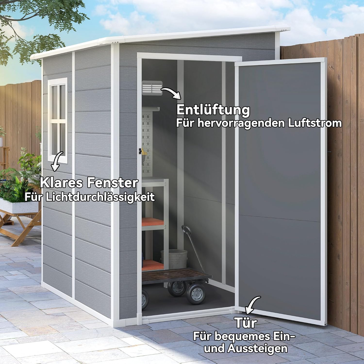 Outsunny Gerätehaus 1,54m³, Gartenhaus mit Pultdach, Boden 122 x 149 x 192/177 cm, wetterfest Geräteschuppen mit Abschließbar Tür, Fenster, Gartenschrank aus Kunststoff, für Hinterhof, Garten, Grau – Bild 4