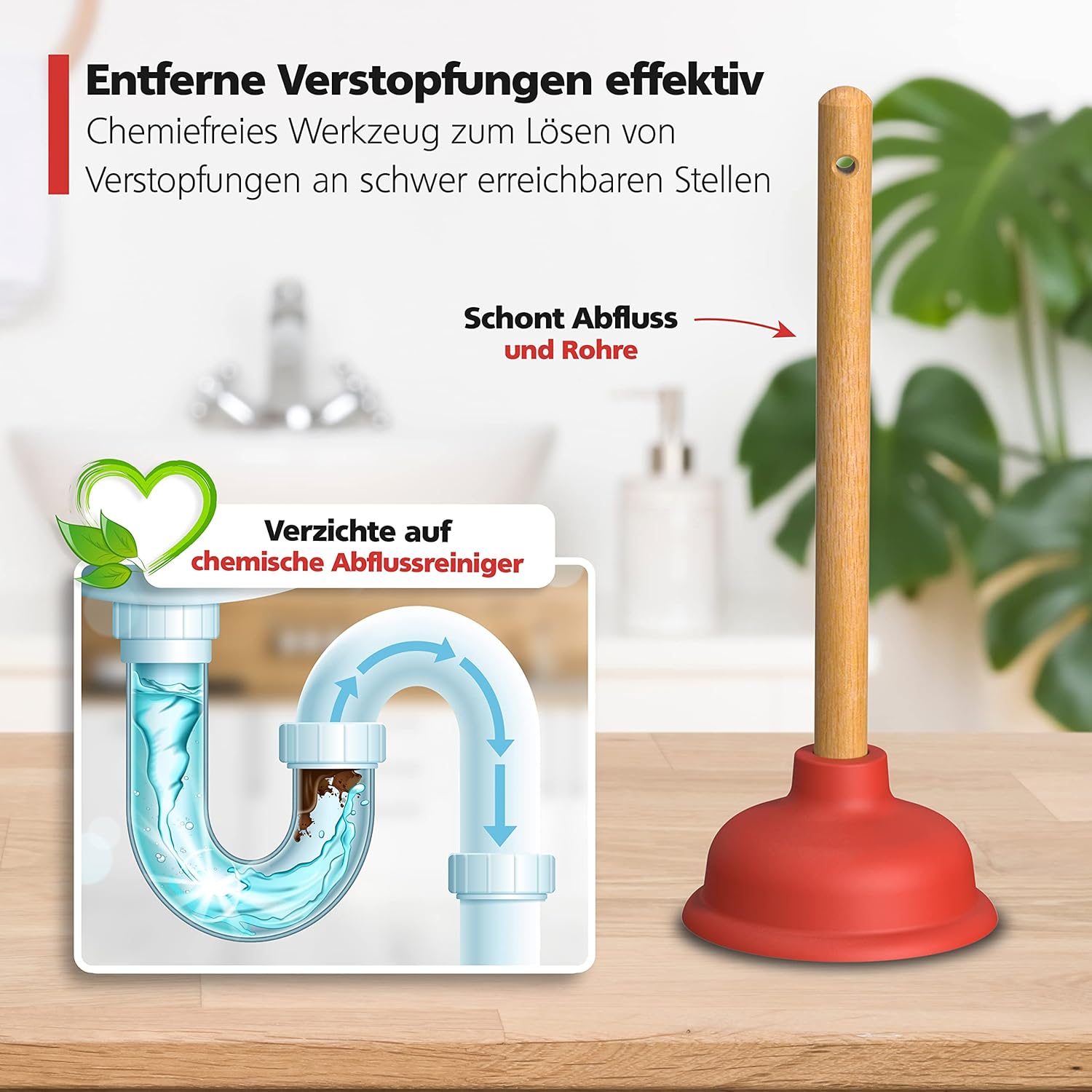 Nirox 2er Set Saugglocke - Pümpel mit 110 & 140 mm Durchmesser - Pömpel mit starker Saugleistung - Abflussstampfer inkl. Holzgriffe - Chemiefreier Ausgussreiniger – Bild 2