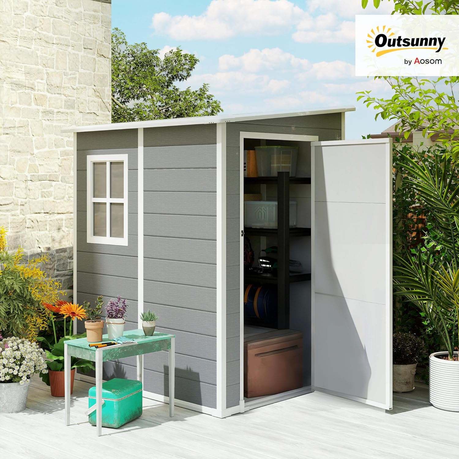 Outsunny Gerätehaus 1,54m³, Gartenhaus mit Pultdach, Boden 122 x 149 x 192/177 cm, wetterfest Geräteschuppen mit Abschließbar Tür, Fenster, Gartenschrank aus Kunststoff, für Hinterhof, Garten, Grau – Bild 2