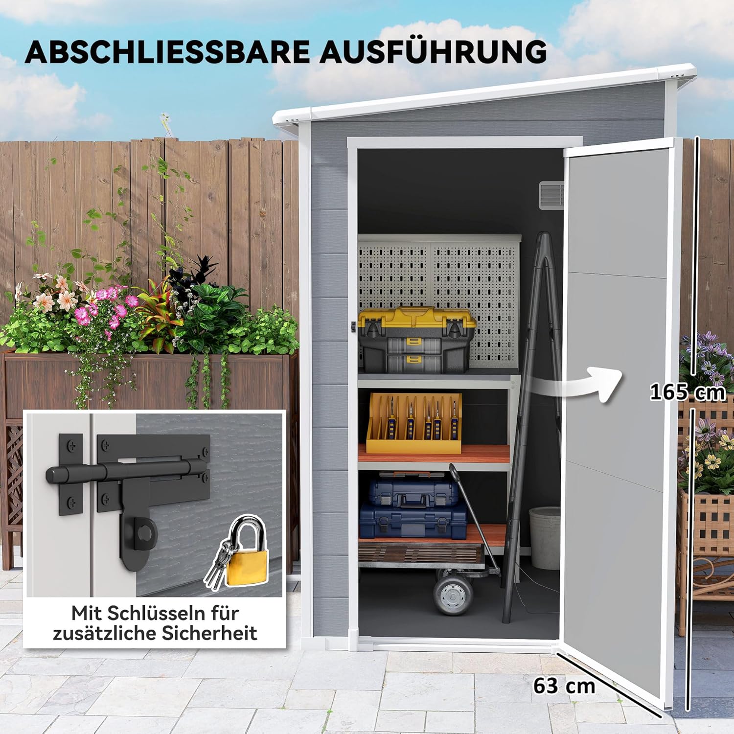 Outsunny Gerätehaus 1,54m³, Gartenhaus mit Pultdach, Boden 122 x 149 x 192/177 cm, wetterfest Geräteschuppen mit Abschließbar Tür, Fenster, Gartenschrank aus Kunststoff, für Hinterhof, Garten, Grau – Bild 5