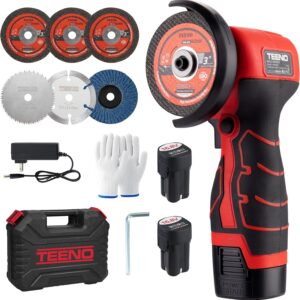 Winkelschleifer TEENO 19.500 U/min – kabellose Schleifmaschine, 76 mm, Komplettset mit 2 Akkus 2000 mAh und 6 Scheiben – zum Schleifen, Polieren, Schneiden von Profis
