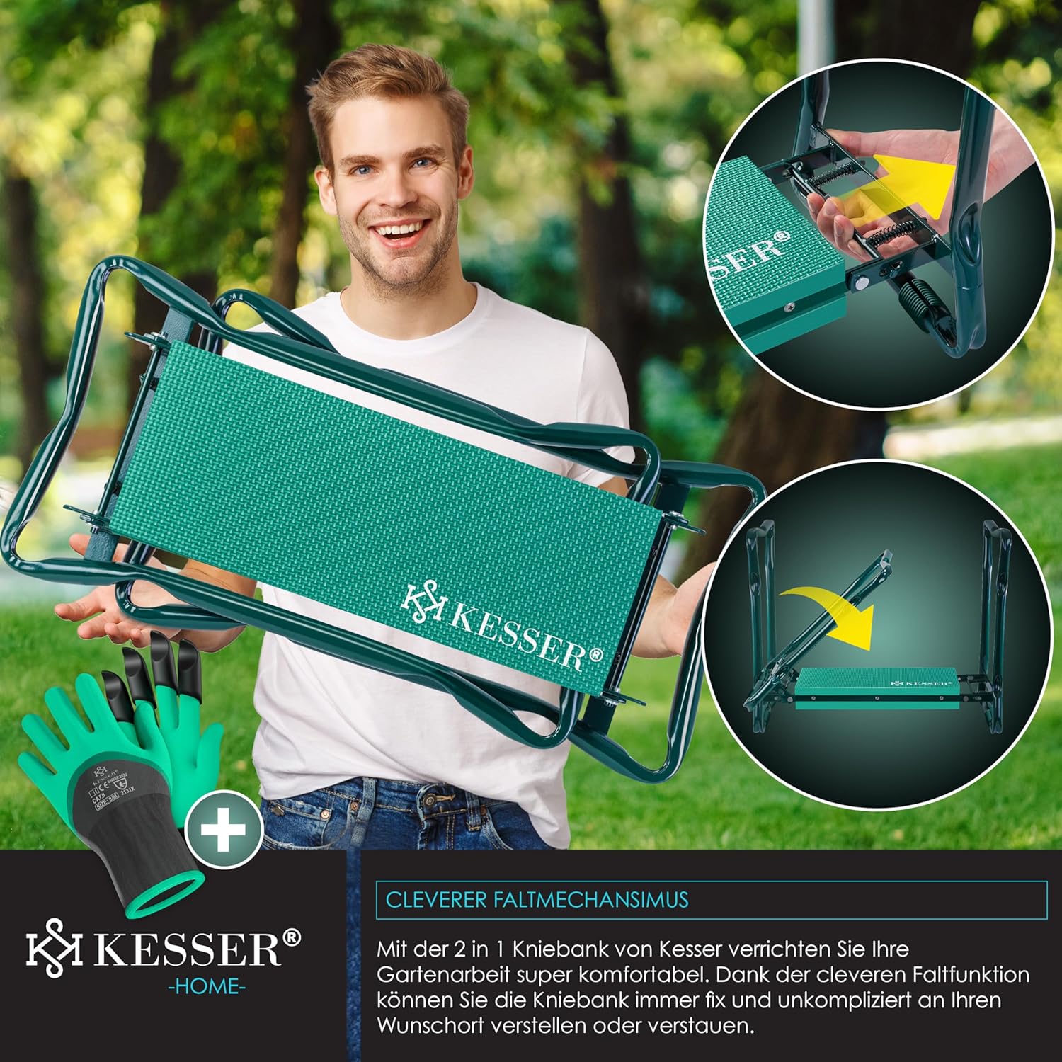 KESSER® 2 in 1 XXL Kniebank für Gartenarbeit Gepolstert Sitzunterlage Eva-Schaumkissen Gartenhocker Klappbar | 2X Werkzeugtasche Handschuhe Gartenkelle & Rechen | Gartenbank 60x50x27cm bis 150 kg – Bild 5