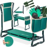 KESSER® 2 in 1 XXL Kniebank für Gartenarbeit Gepolstert Sitzunterlage Eva-Schaumkissen Gartenhocker Klappbar | 2X Werkzeugtasche Handschuhe Gartenkelle & Rechen | Gartenbank 60x50x27cm bis 150 kg