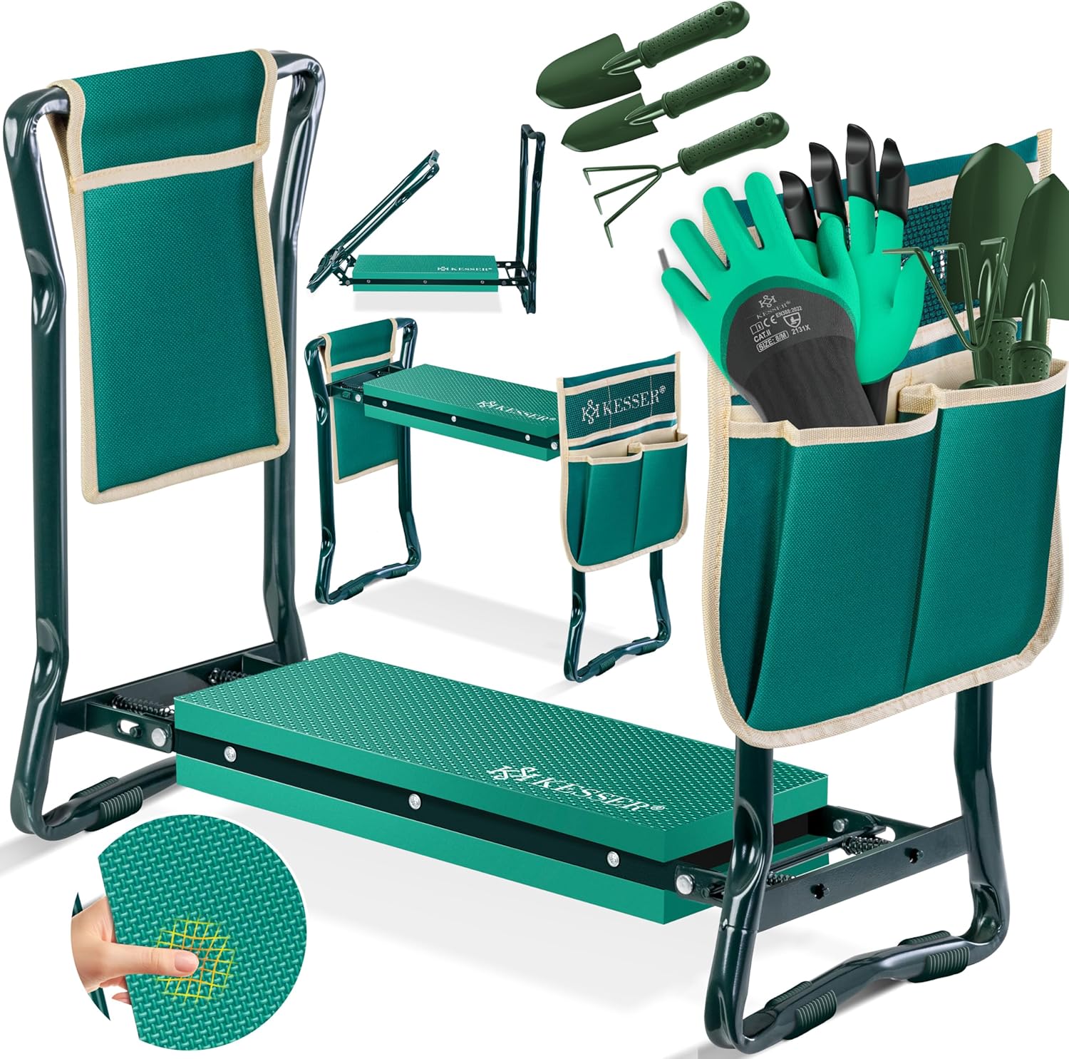 KESSER® 2 in 1 XXL Kniebank für Gartenarbeit Gepolstert Sitzunterlage Eva-Schaumkissen Gartenhocker Klappbar | 2X Werkzeugtasche Handschuhe Gartenkelle & Rechen | Gartenbank 60x50x27cm bis 150 kg