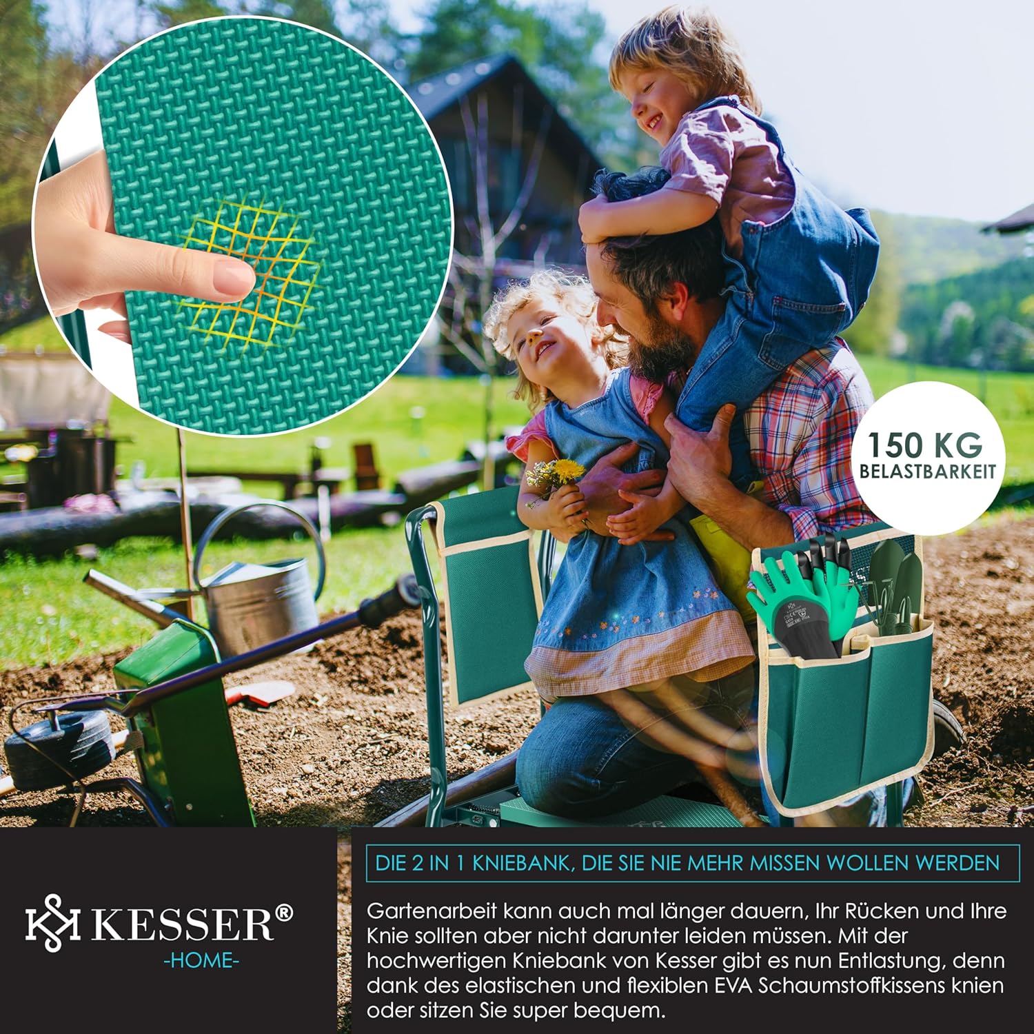 KESSER® 2 in 1 XXL Kniebank für Gartenarbeit Gepolstert Sitzunterlage Eva-Schaumkissen Gartenhocker Klappbar | 2X Werkzeugtasche Handschuhe Gartenkelle & Rechen | Gartenbank 60x50x27cm bis 150 kg – Bild 4