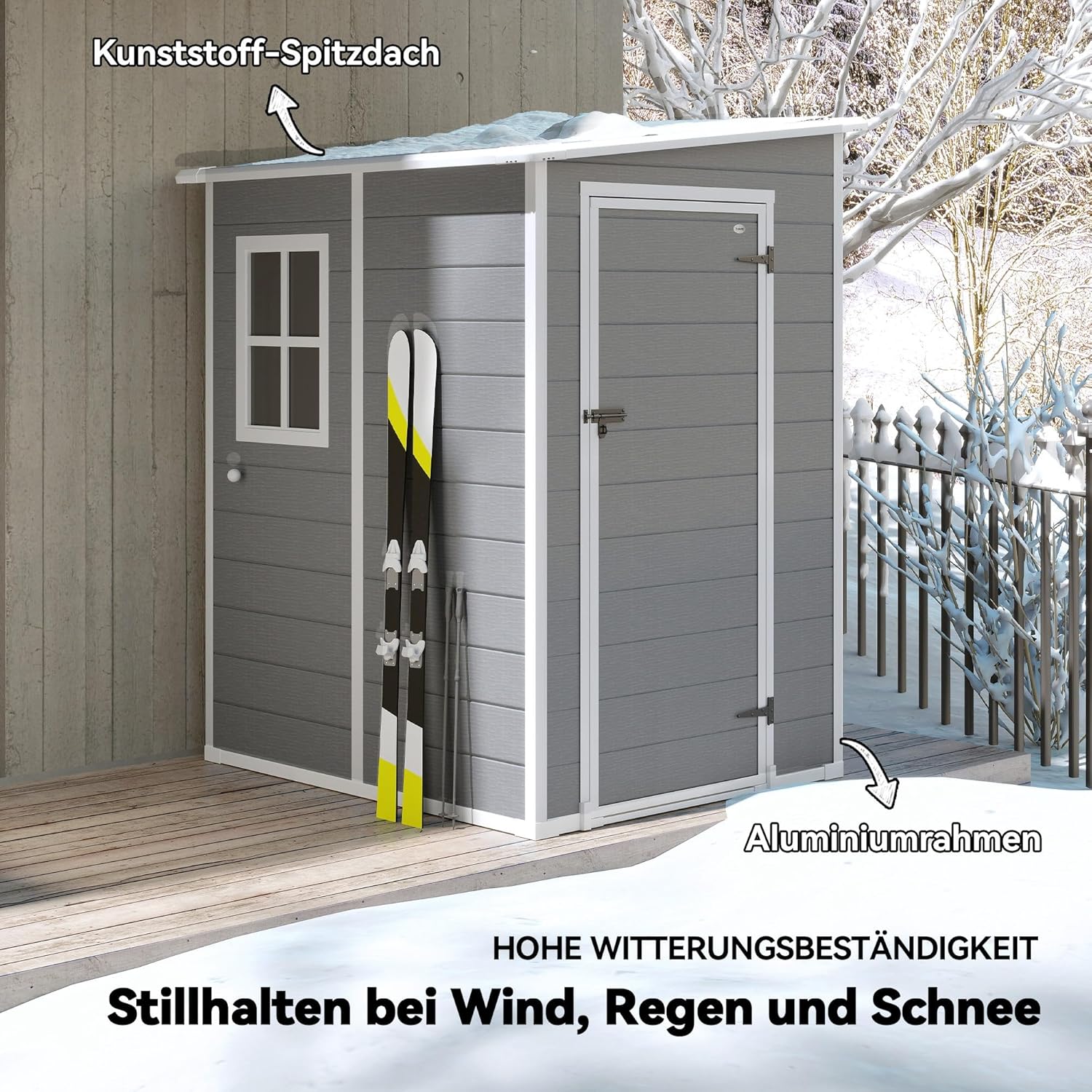 Outsunny Gerätehaus 1,54m³, Gartenhaus mit Pultdach, Boden 122 x 149 x 192/177 cm, wetterfest Geräteschuppen mit Abschließbar Tür, Fenster, Gartenschrank aus Kunststoff, für Hinterhof, Garten, Grau – Bild 3
