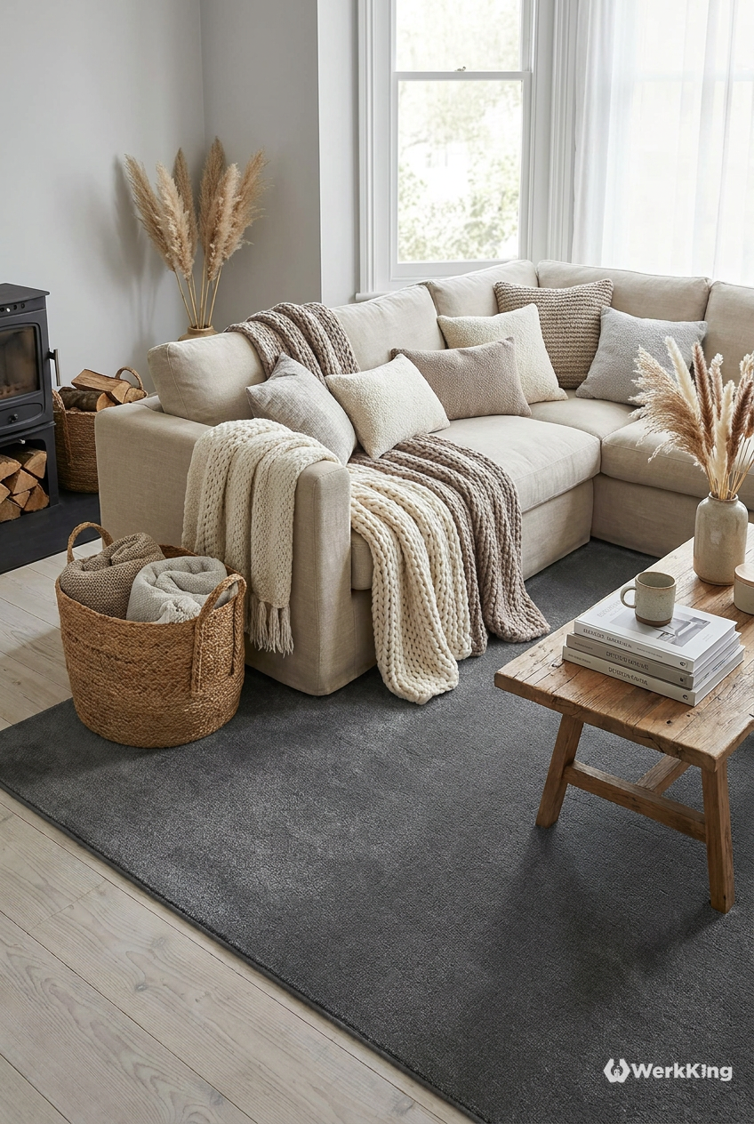Layering bei Textilien im Wohnzimmer skandinavisch