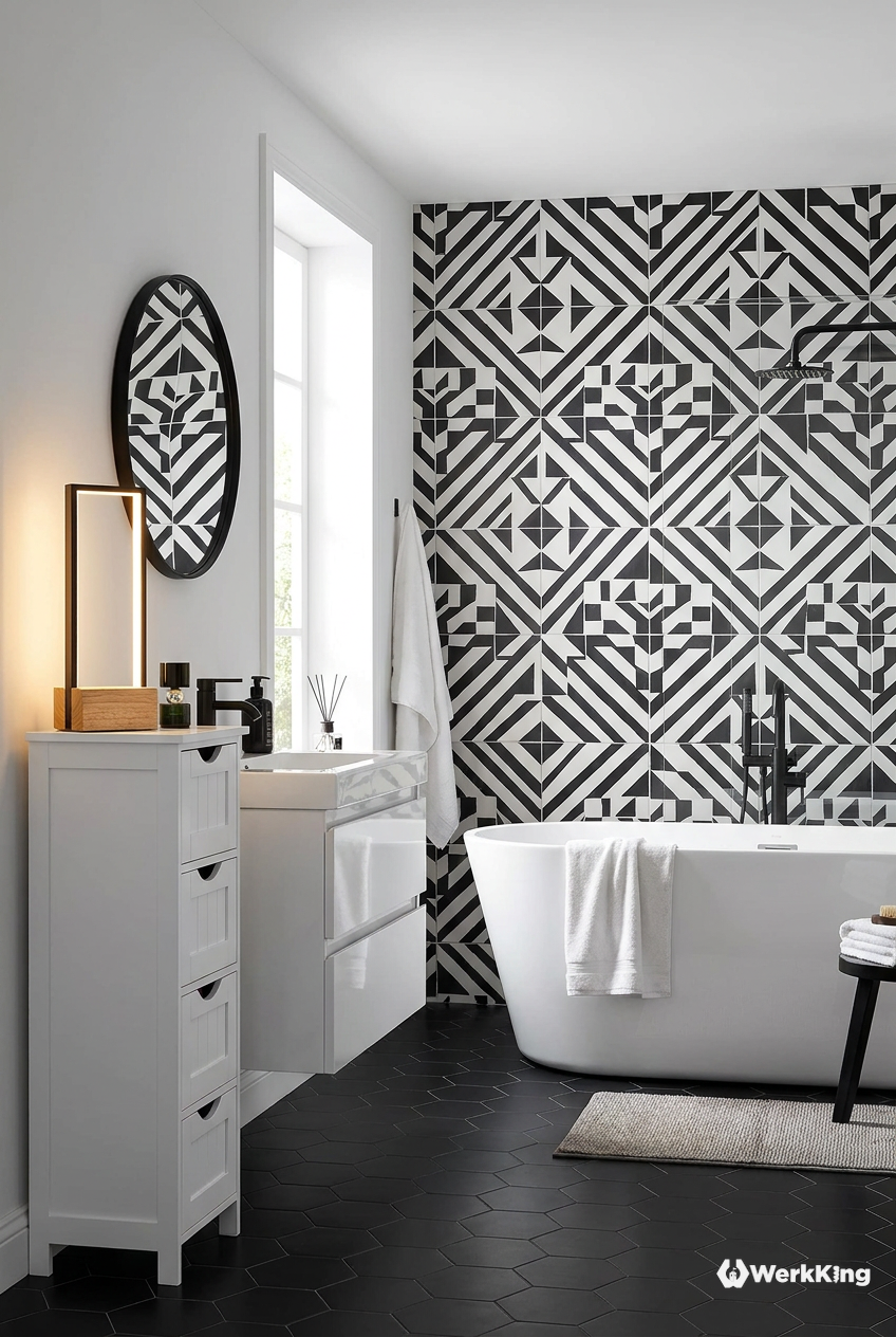 Großflächige Wandgestaltung im Badezimmer schwarz weiß