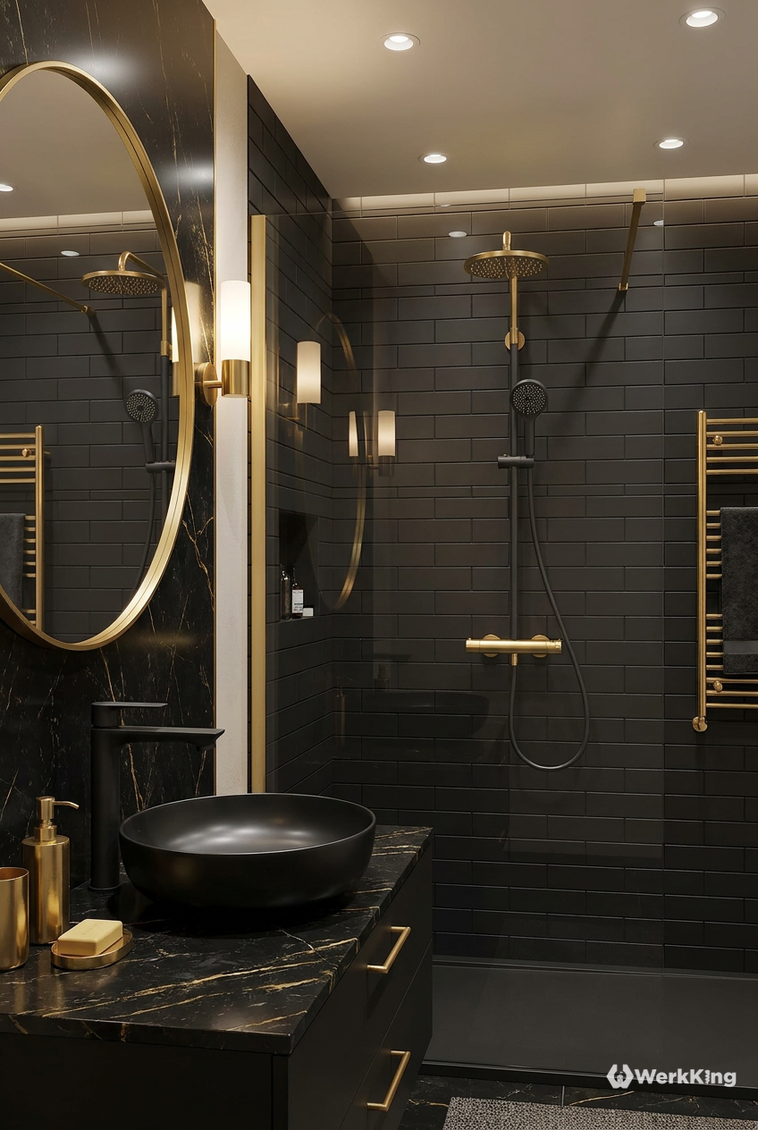 Mattschwarze Armaturen im Fokus eines Badezimmer schwarz gold