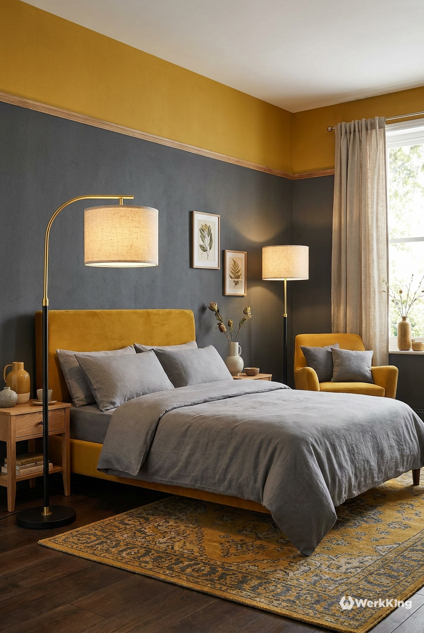 Mutige Schlafzimmer Farben: Senfgelb und Grau