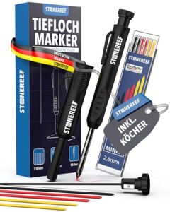 Tieflochmarker Profi mit Köcher – Bleistift für Baustelle, Bohrloch, Handwerker, Zimmermann – Markierstift für tiefe Stellen – Ersatzminen-kompatibel – Baubleistift für Holz, Metall, Fliesen