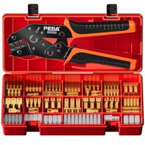 PEBA KFZ Flachstecker Crimpzangen Set, mit Flachsteckhülsen 2,8/4,8/6,3mm, 14-teilig, Crimper 0,25–2,5mm² | Kabelschuhe Flachstecker Quetschverbinder Sortiment für Auto, Motorrad, Haushaltsgeräte
