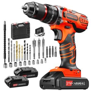 21V Akku Bohrmaschine, Akku Schlagbohrschrauber mit 2 x 2,0Ah Akkus, Akkuschrauber 45Nm, Akkubohrer 2-Gang, 25+3 Drehmoment, 10mm Metallspannfutter, 29-teiliges Zubehör-Set, für Heim-DIY-Projekte