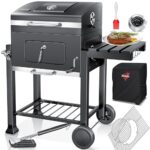 KESSER® Holzkohlegrill XL Grillwagen Set mit Deckel & Thermometer – BBQ Kohlegrill Wagen, Smoker Grill, Standgrill mit Grillrost, Rädern, Warmhalterost & Ablage inkl. Haube, Bürste & Pinsel