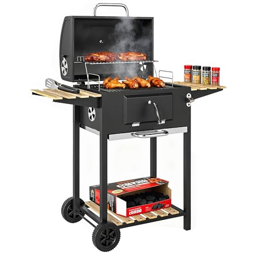 Outsunny Holzkohlegrill aus Edelstahl fahrbar mit Deckel, Thermometer, verstellbarem Grillrost und Kohlewanne, Grillwagen BBQ Smoker mit Holzablage, Griff, Rädern 112x58x107cm 1 Outsunny Holzkohlegrill aus Edelstahl fahrbar mit Deckel, Thermometer, verstellbarem Grillrost und Kohlewanne, Grillwagen BBQ Smoker mit Holzablage, Griff, Rädern 112x58x107cm