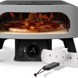 Cozze® 13" Pizzaofen CLASSIC | Gas 30 mbar | Gratis Cordierit Stein | Automatische Einschaltung | Integriertes Thermometer | Edelstahl | Schnellkochzeit 2 min, Schwarz